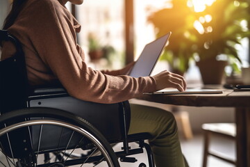 Fototapeta premium A disabled person is sitting in a wheelchair and working