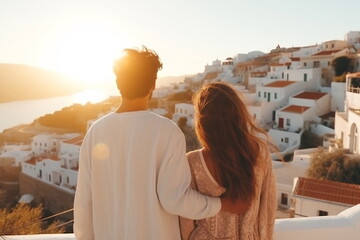 Fototapeta na wymiar Beautiful young woman and man on their summer vacation walk on greek island Santorini