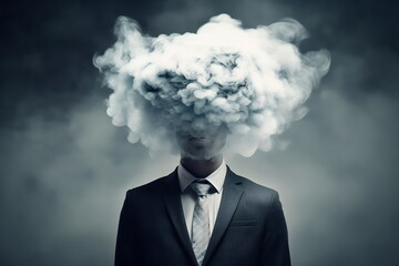 The head of the businessman is covered with clouds. Business concept