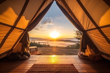 The door tent view lookout camping in the morning. Glamping camping teepee tent - obrazy, fototapety, plakaty