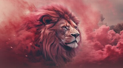 Red smokey background lion head beautiful picture Ai generated art - obrazy, fototapety, plakaty