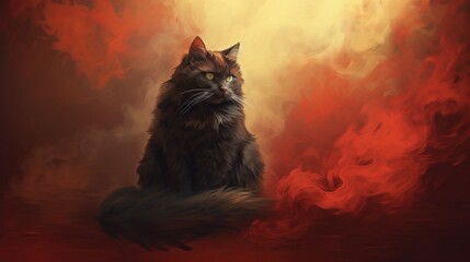 Red smokey background lone cat sitting beautiful art Ai generated art - obrazy, fototapety, plakaty