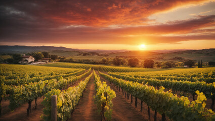 Fototapeta na wymiar Vibrant Sunset Over a Vineyard