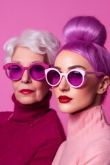 Two middle age women dressed in pink and wearing sunglasses. In the style of vibrant and textured. Candid moments captured