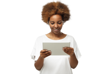 African american woman looking at screen of tablet