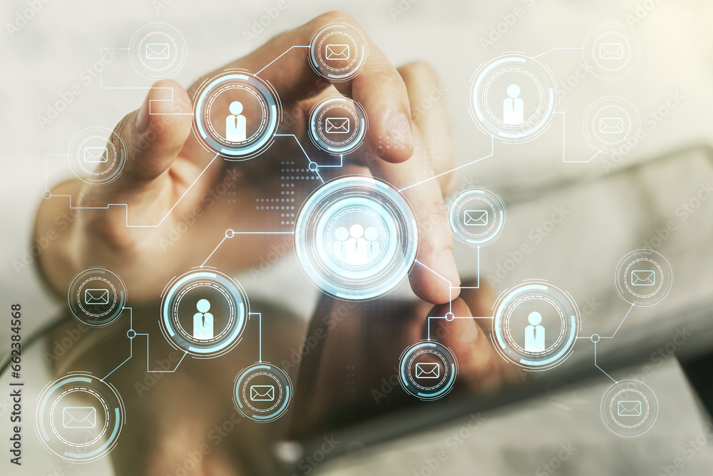 Poster social network media concept with finger presses on a digital tablet on background. double exposure