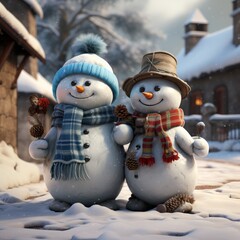 Obraz premium Charming Snowmen in Scarves and Hats Holding Objects: Artwork for Sale