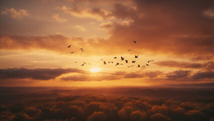 Fototapeta na wymiar Birds in Flight Over a Sunset Sky