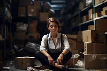A sad, upset woman is sitting on the floor in a warehouse in a store among cardboard shipping boxes with goods. A ruined business. - obrazy, fototapety, plakaty