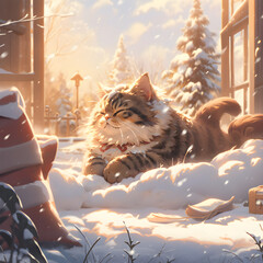 Fat cat playing in the snowhyper