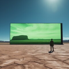 Person watching giant tv in the desert
