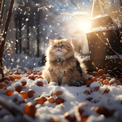 Fat cat playing in the snowhyper