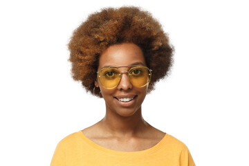 Portrait of smiling young african american woman wearing t-shirt and yellow sunglasses