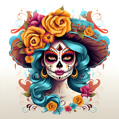 Cartoon Style Day of the Dead Lady Girl Makeup White Background Girl with Day of the Dead Makeup Painting Drawing 