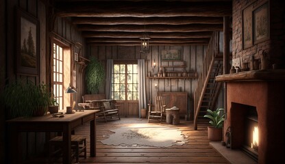 Rustic interior design modern bedroom cabin illustration image AI generated art