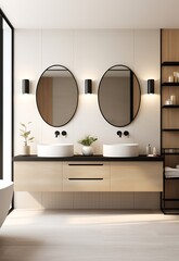 Interior of modern bathroom with white walls, wooden floor, comfortable double sink standing on wooden countertop and round mirror. 3d rendering