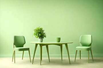 Two chairs and a table with a plant  in front of a light green background.