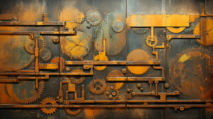 Rusty metal background with gears and cogwheels, industrial background
