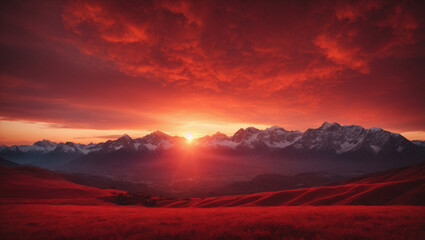 Fiery Red Sunset Over Mountains