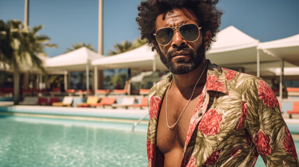 Athletic Black Man by the Pool in Colorful Shirt