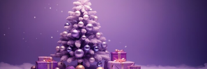 3D Purple Holiday Tree with Ornaments & Gifts on a Lavender Background - Festive Xmas Card Design