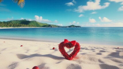 A Festive Beach Escape: Santa Hat & Heart-Shaped Florals on Hawaii Shoreline for Relaxing Winter Holiday Travel.