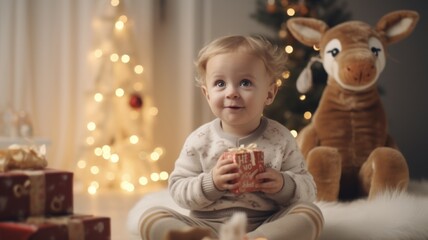 Obraz na płótnie Canvas Adorable Baby Boy Celebrating Christmas with Reindeer Band and Sweet Treats on Home Floor