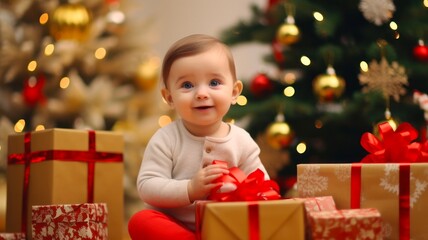 Fototapeta na wymiar Adorable Baby Receives Christmas Gifts from Loving Guardian Under Festive Tree