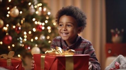 Fototapeta na wymiar Adorable Black Kid Girl Delightfully Unwraps Christmas Present