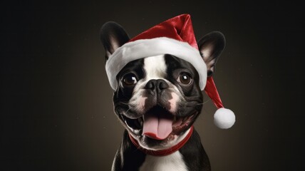 Adorable Boston Terrier Celebrates Christmas with Poopsie Santa Hat and Tongue Out Against Festive Background - obrazy, fototapety, plakaty