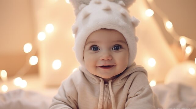Adorable Baby Embraces Festive Spirit with Sparkling Christmas Lights and Gifts Under the Tree in Winter Wonderland