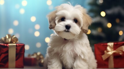 Adorable Havanese Puppy Celebrating Christmas in Front of Festive Tree