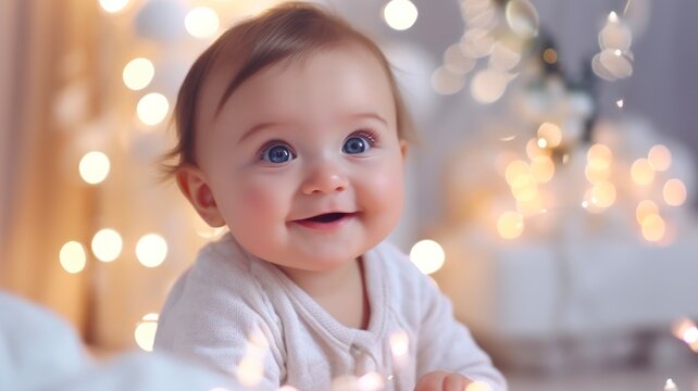 Adorable Little Baby Wrapped in Christmas Lights and Surrounded by Festive Decorations under the Christmas Tree in Winter Wonderland