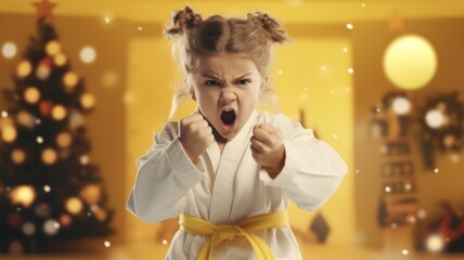 Angry Christmas Karate Girl in Sweater Trains for Self-Defense Against Holiday Threats