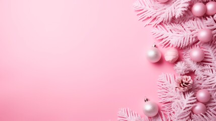 Artistic Holiday Flatlay: 2022 Pink Christmas Decorations atop Snowflake-adorned Background