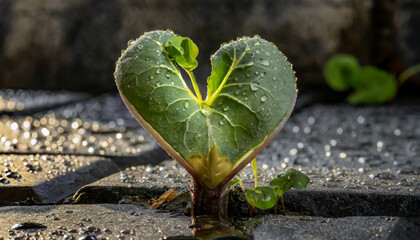 A heart-shaped leaf growing from crack, symbolizing resilience sustainability and the potential for...