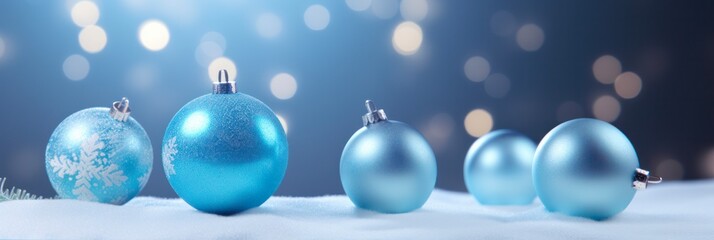 Fototapeta na wymiar Blue Winter Wonderland: Festive Blue Christmas Ornaments on a Background of Snowy Delight, Perfect for Wishing You a Merry Christmas and Happy New Year!
