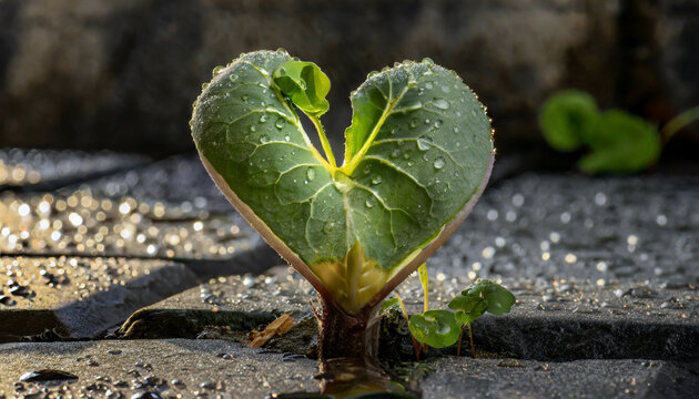 Urban sustainability concept: plant with heart-shaped leaf growing from crack