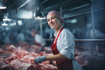 Against a backdrop of industrial equipment, a woman operates the meat processing line with precision and a cheerful disposition, ensuring products meet the highest standards. 
