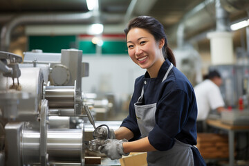 Against a backdrop of stainless steel equipment, a woman smiles as she operates the meat grinder, ensuring it functions seamlessly to maintain product quality.  - obrazy, fototapety, plakaty