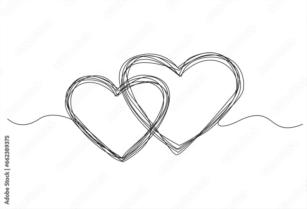Wall mural Continuous line drawing of love sign with two hearts embrace minimalism design on white background. - Wall murals