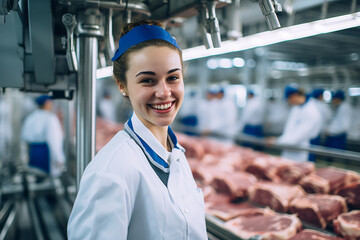 Against a backdrop of industrial equipment, a woman operates the meat processing line with a warm smile and precision, ensuring that the products consistently meet high standards. 