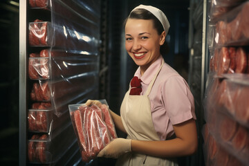 Fototapeta na wymiar In a refrigerated room filled with processed meats, a woman smiles as she meticulously inspects the packaging, ensuring it is sealed to perfection for distribution. 