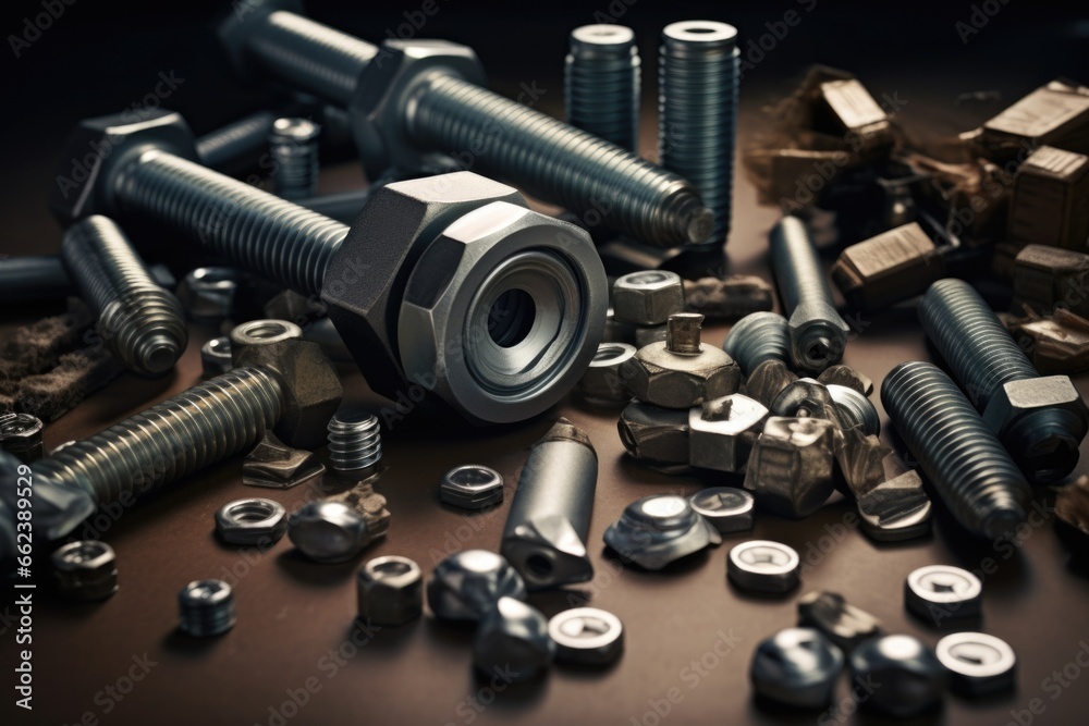 Poster A collection of various nuts and bolts neatly arranged on a table. This image can be used to depict hardware, construction, engineering, or DIY projects