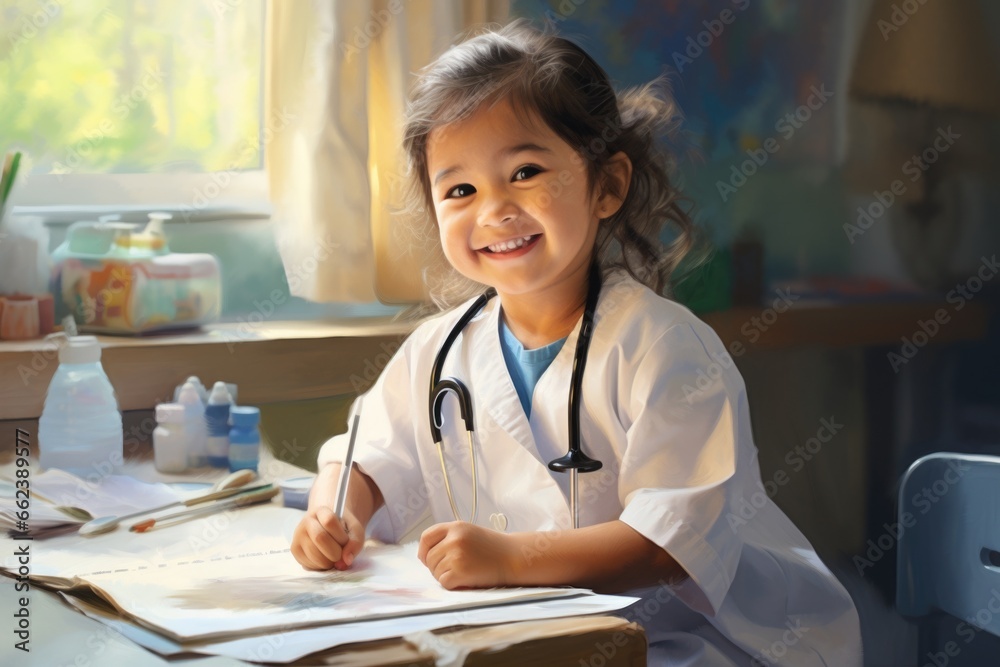 Poster a little girl sitting at a desk with a stethoscope. this image can be used to represent a child's in