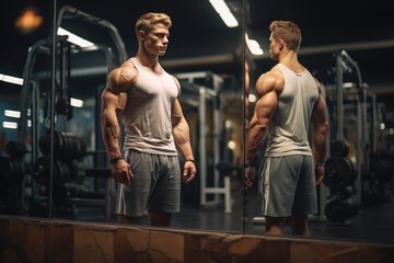 A man standing in front of a mirror in a gym. Perfect for fitness and self-reflection concepts - obrazy, fototapety, plakaty