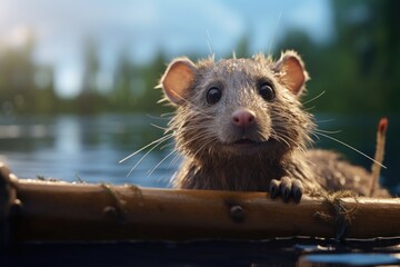 A rat is seen sitting on a log in the water. This image can be used to depict wildlife, nature, or animal behavior in their natural habitat