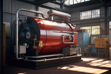 A large red tank is pictured inside a building. This image can be used to depict industrial storage or manufacturing processes