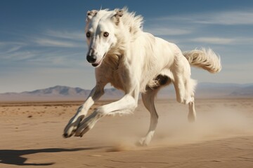 Obraz na płótnie Canvas A white dog is seen running across a vast desert field. 