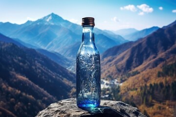 A bottle of water is placed on top of a rock. This image can be used to depict hydration, nature, outdoor activities, or environmental conservation